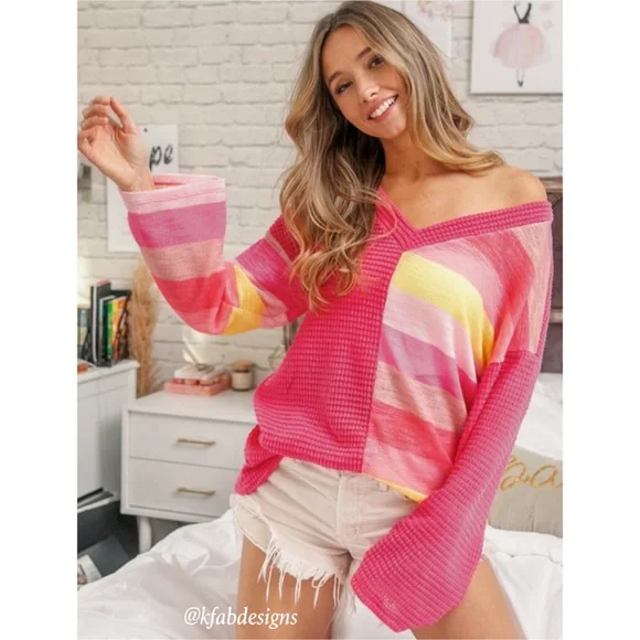 LAST 1! Fuchsia V Neck Lightweight Waffle Knit Color Block Top! - Picture 10 of 13